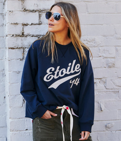 Hammill & Co New stretchy fabric sweat with beautiful brushed dark navy, fleecy on the inside. Features raw hem, raglan sleeve, Etoile '74 appliqué (Etoile is French for Star). A great fit and super comfy!