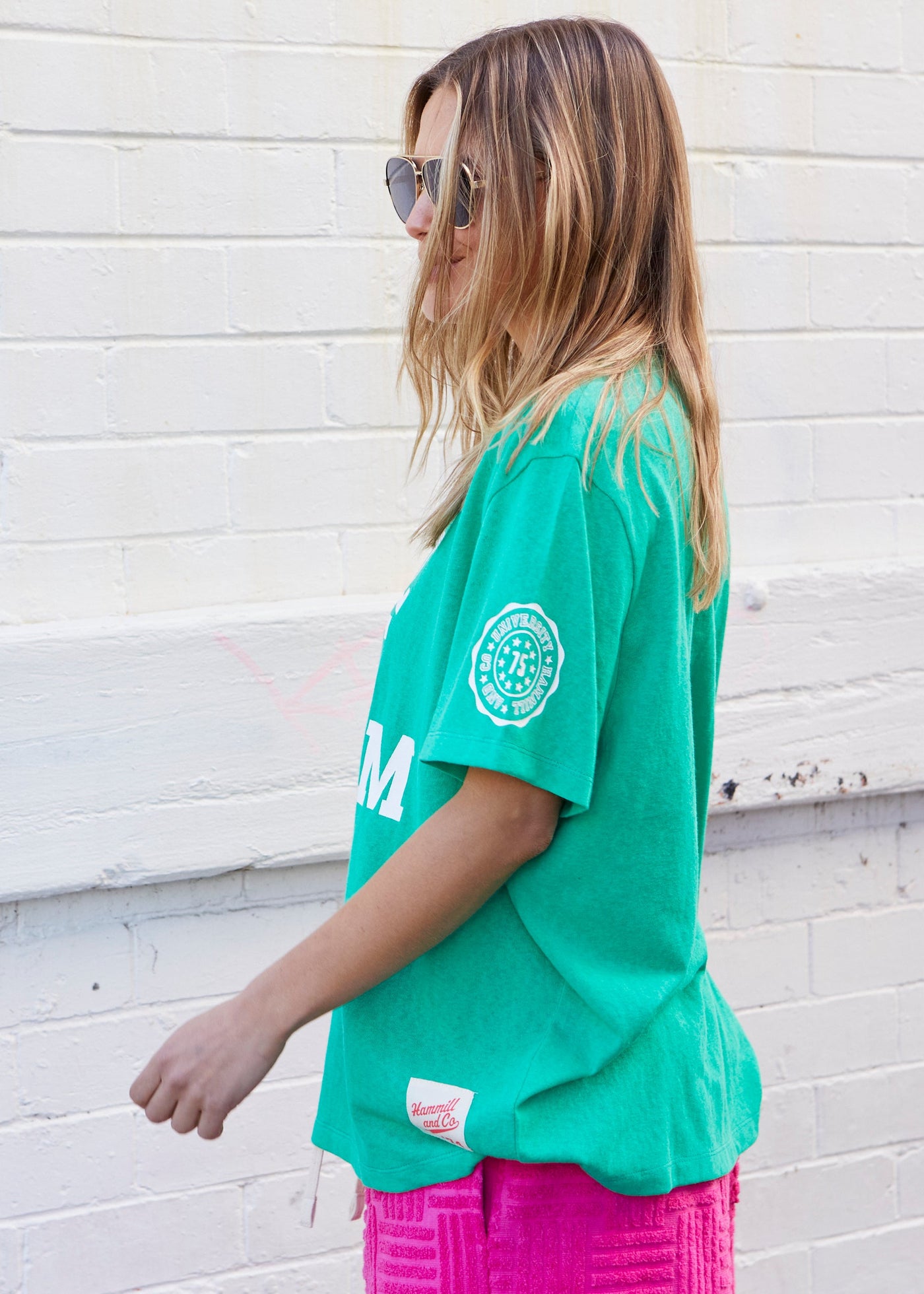Hammill & Co Vintage Green slouchy tee with Live the Dream on the front and small round logo on the left sleeve.