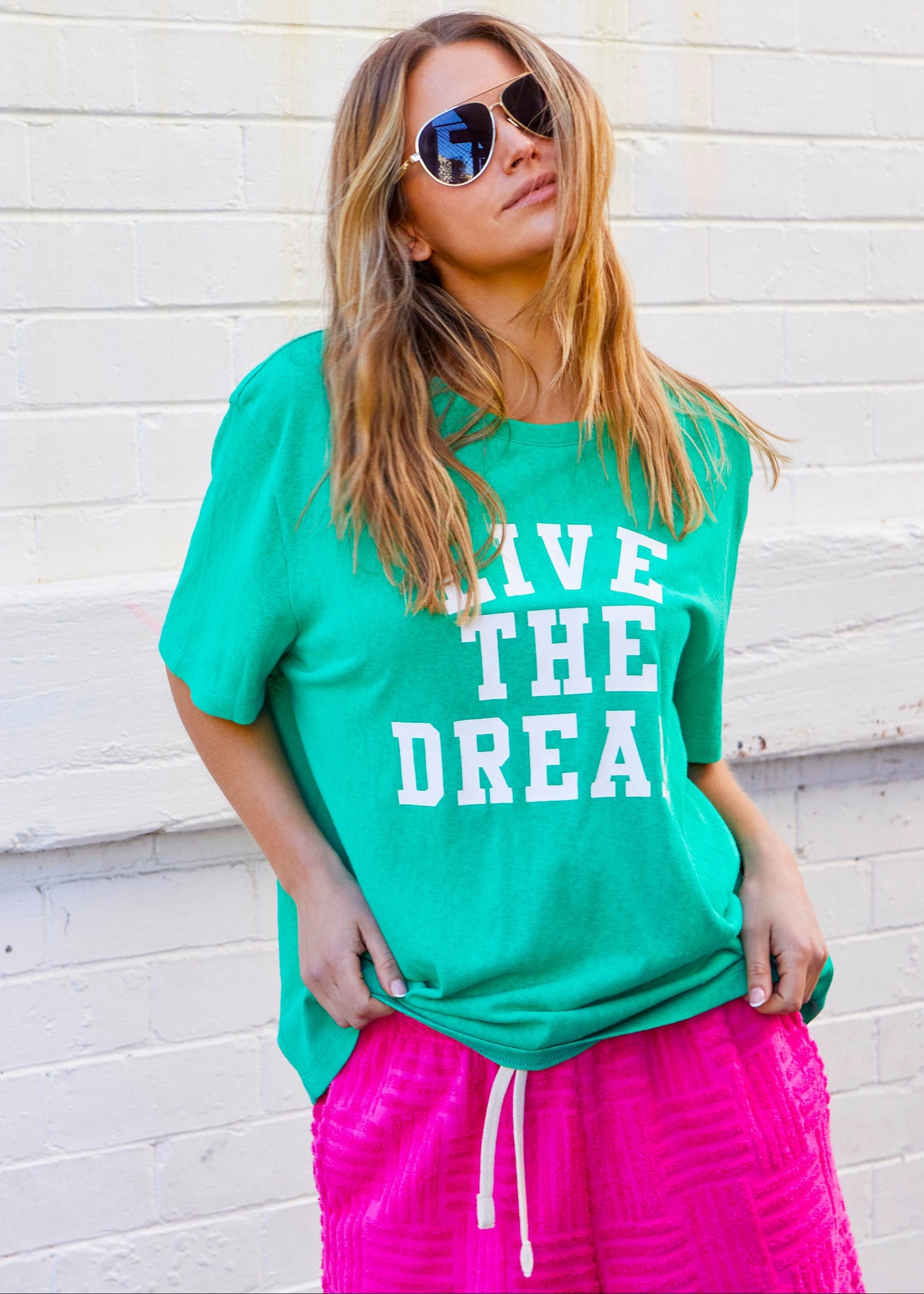 Hammill & Co Vintage Green slouchy tee with Live the Dream on the front and small round logo on the left sleeve.