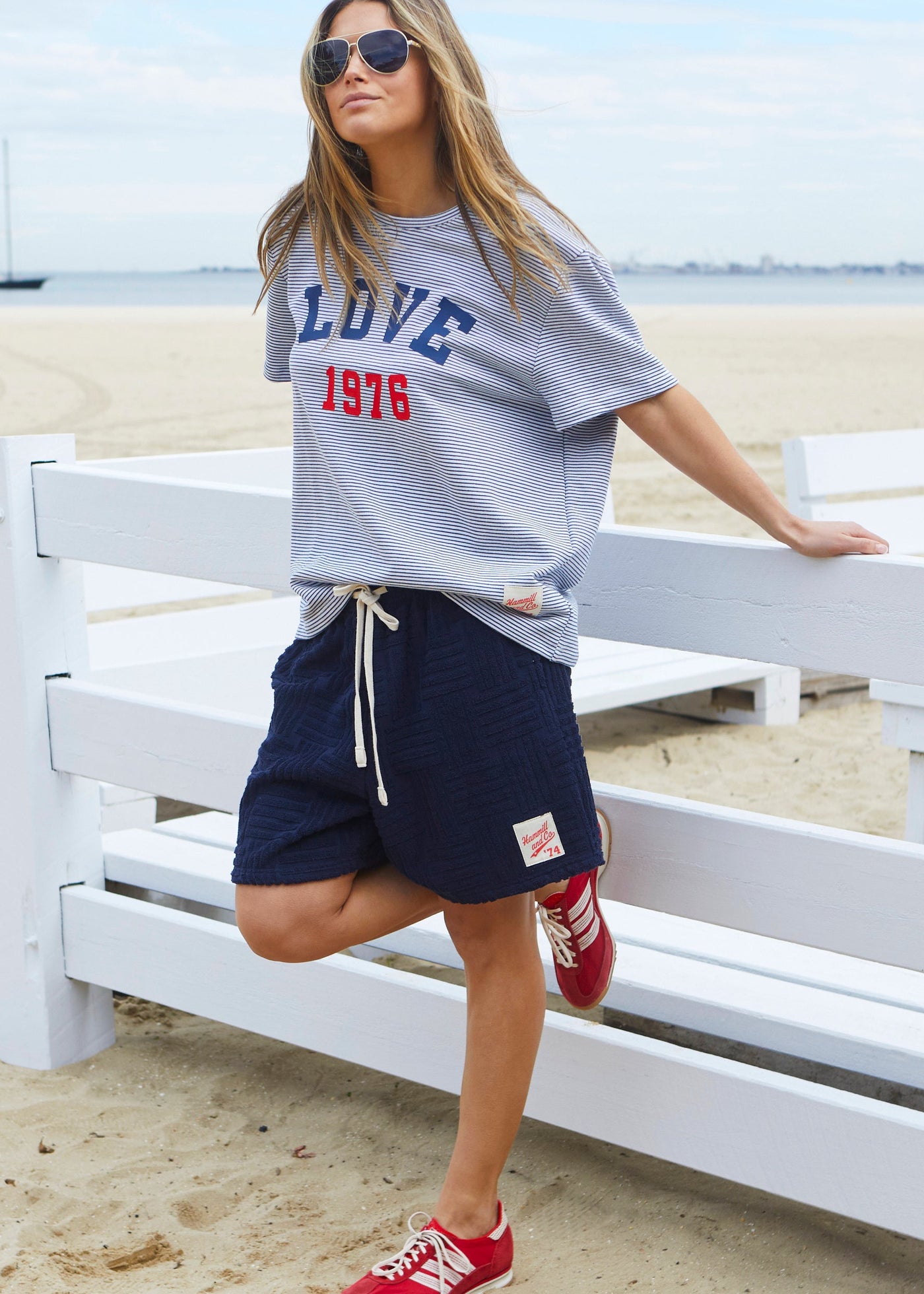 Hammill & Co tee is a total throwback in the best way. With fine navy and white stripes and a pop of red“1976 LOVE” across the front.