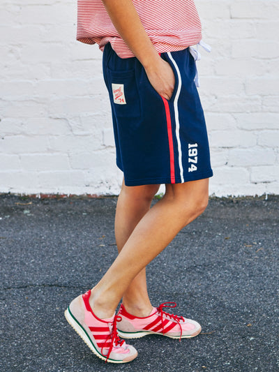 Hammill & Co Navy relaxed, comfy fleece short with elastic waist and white draw cord. Our new fit is the perfect length for a casual look sitting just above the knee.