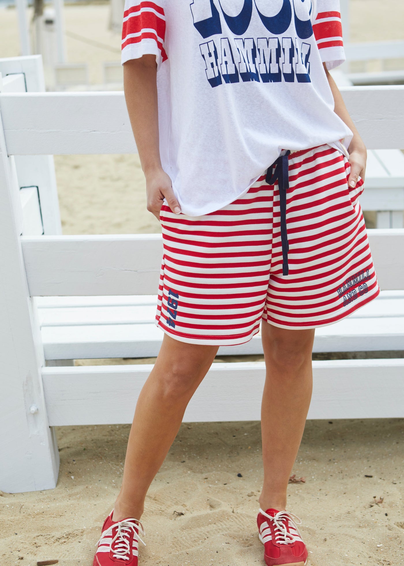 Hammill & Co Red and white stripe relaxed, comfy fleece short with elastic waist and contrast red draw cord. Our new fit is the perfect length for a casual look sitting just above the knee.