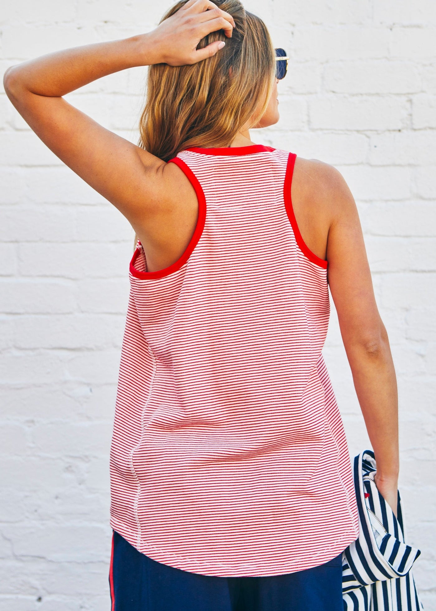 Hammill & Co Retro stripe tank in soft cotton red and white rib with red rib trim. Navy Love retro print on the front.