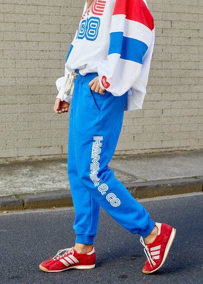 Hammill & Co Royal track pant with  Hammill & Co down the left leg and red heart on the right hip. Natural draw cord with elastic waist and slouchy pockets.