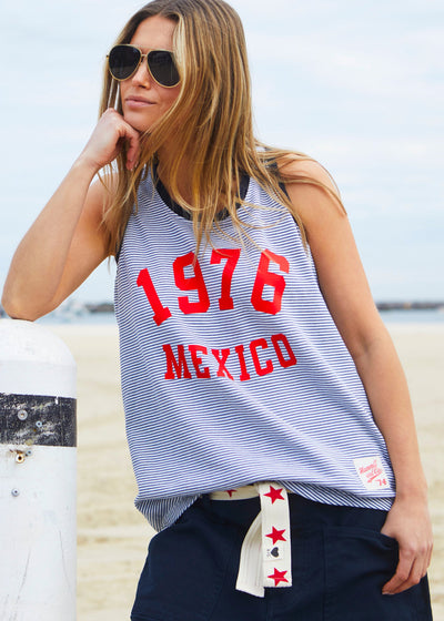 Hammill & Co Retro stripe tank in soft cotton navy and white fine stripe with navy rib. Red retro print 1976 MEXICO on the front.