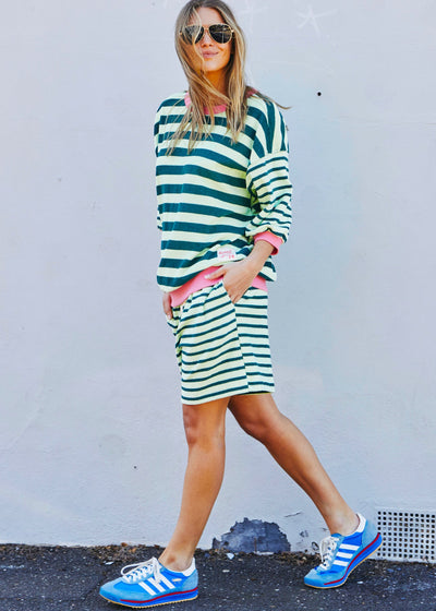 Hammill & Co relaxed terry towelling stripe shorts bring effortless summer energy with their playful green / mint stripes.