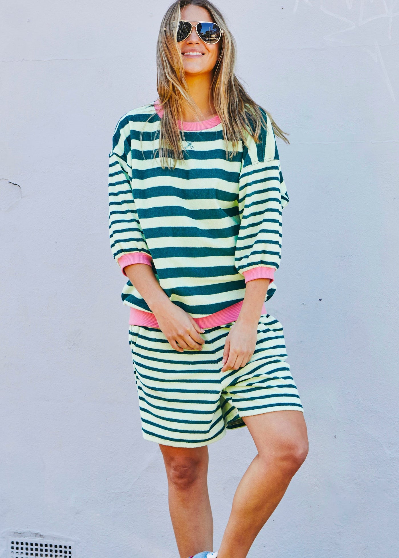 Hammill & Co relaxed terry towelling stripe shorts bring effortless summer energy with their playful green / mint stripes.