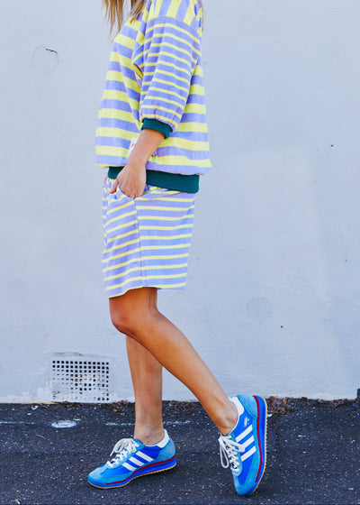 Hammill & Co relaxed terry towelling stripe shorts bring effortless summer energy with their playful lemon and mauve stripes.