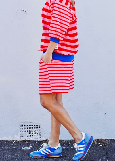 Hammill & Co relaxed terry towelling stripe shorts bring effortless summer energy with their playful soft pink and red stripes!