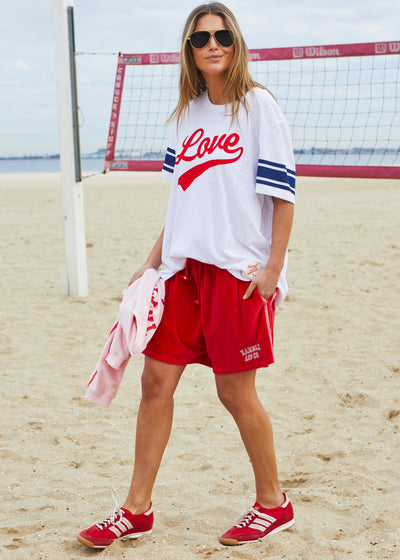 Hammill & Co These shorts are in our luxurious, lightweight velour with velour stripes down each leg, draw cord and Hammill and Co logo print on the left hem. The fit is a true to size, not oversized.