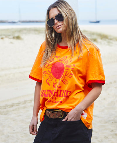 SUNSHINE STATE OF MIND RINGER TEE - ORANGE/RED