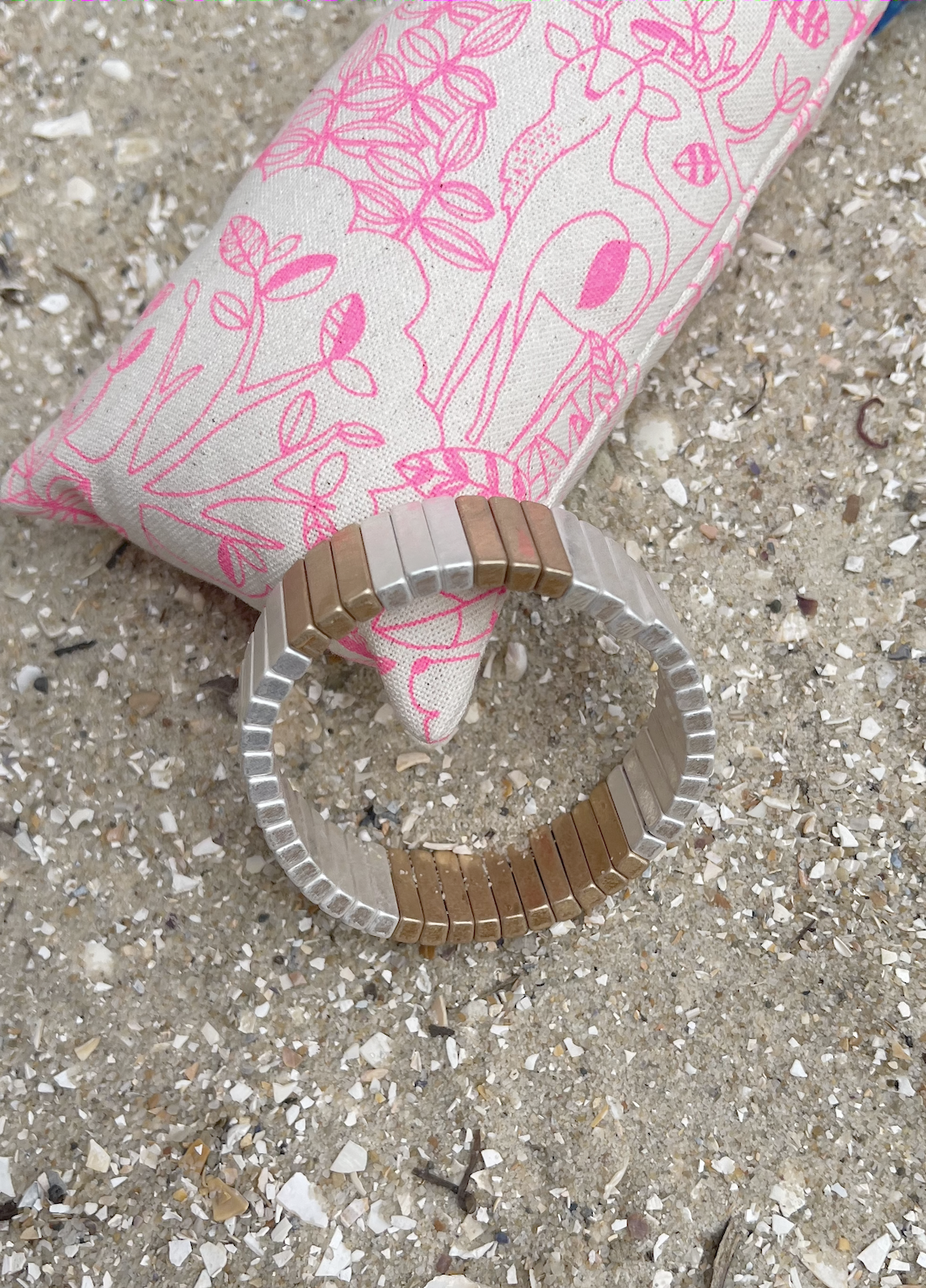 Hammill & Co Statement single elastic cuff bangle in brushed silver and gold.