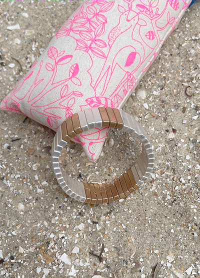 Hammill & Co Statement single elastic cuff bangle in brushed silver and gold.