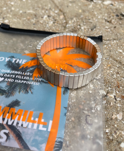 Hammill & Co Statement single elastic cuff bangle in brushed silver and gold.