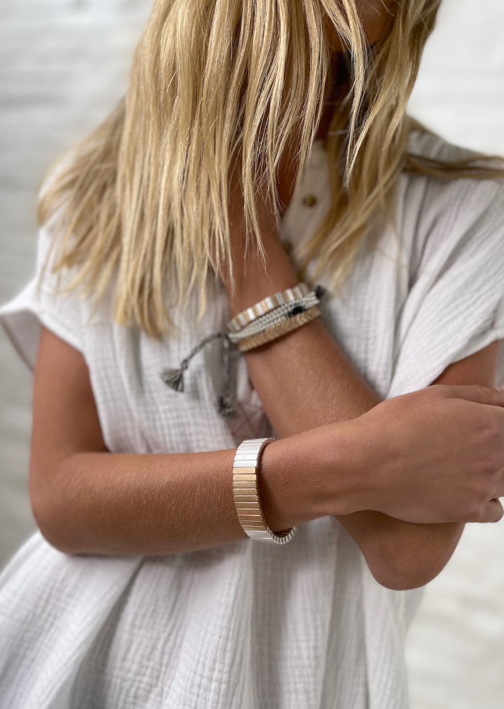 Hammill & Co Statement single elastic cuff bangle in brushed silver and gold.