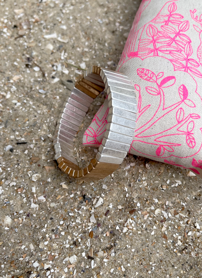 Hammill & Co Statement single elastic cuff bangle in brushed silver and gold.